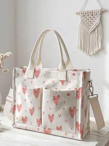 Sac fourre-tout côtelé à imprimé cœur avec poches avant, idéal pour le shopping quotidien et les voyages, sac de courses réutilisable - Product Image 1