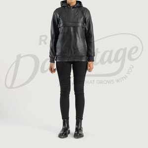 Chaqueta Anorak de Cuero Genuino Negra para Mujer, con Capucha, Corte Ajustado, Premium, Media Cremallera, Estilo Urbano, Cortavientos, Sudadera con Capucha de Moda - Product Image 2