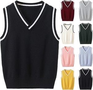 Gilet pull d'uniforme scolaire pour filles, col en V, sans manches, tricoté 100% coton, haut de printemps avec bordure écossaise, tenue de rentrée scolaire - Product Image 6