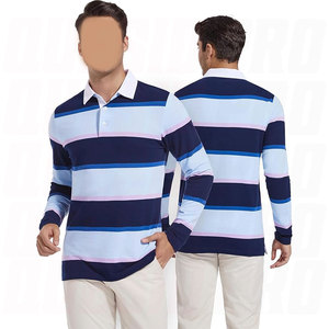 Fabricant de polos à manches longues en coton épais, coupe ample et carrée, rayés, style rugby, avec boutons personnalisés, coloris cyan et marine - Product Image 2