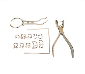 Kit d'isolation dentaire orthodontique professionnel avec caoutchoucs d'isolement, pinces, perforateurs et montures en acier inoxydable - Product Image 1