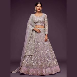 Premium Soft <b>Net</b> A-Line Lehenga Choli with Zari Badla Thread and Glitter Dori Embroidery <b>Dupatta</b> | Semi Stitched Lehenga Set - Product Image 5