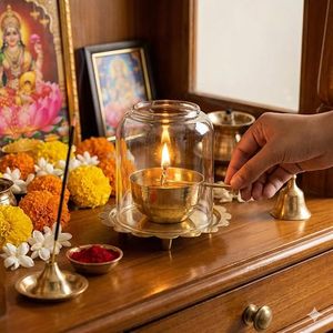 Lampe à huile Akhand Diya de qualité supérieure avec mèche réglable et couvercle en verre pour les activités religieuses, porte-bougie en métal laiton - Product Image 1