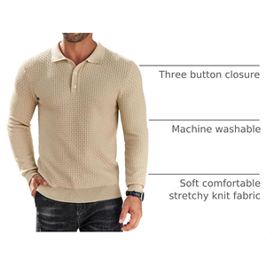 Men's Knitted Long Sleeve Polo Sweater Solid Color Autumn Casual Pullover Full Sleeve Button Closure <b>Beige</b> - Product Image 6