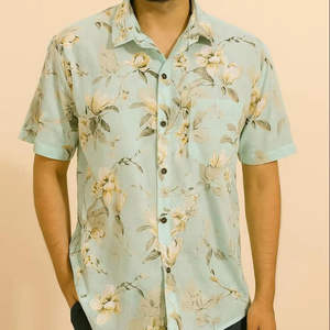 Camisa de Algodón Verde Pastel con Estampado Floral para Hombre, de Alta Calidad, Transpirable, Corte Ajustado, Venta Caliente 2026 - Product Image 2