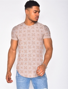 Chemise décontractée à manches courtes en tricot pour homme, imprimé géométrique beige, respirante, col en V, pour l'été - Product Image 3