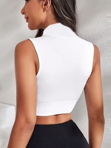 Women Front Zipper Sports Bra | High Impact <b>Mock</b> <b>Neck</b> Gym Crop <b>Top</b> | Polyester Spandex Ribbed Band Workout Bralette - Product Image 3