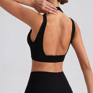 Women's Seamless V-<b>Neck</b> <b>Halter</b> Brassiere High Support Wire-Free Crisscross Straps Yoga Wear Print Front Logo Spandex Nylon - Product Image 4