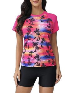 Women Short Sleeve Rash Guard Breathable Digital <b>Printed</b> Tropical Leaves Pattern Swim Top for Beach <b>Surfing</b> Yoga - Product Image 1