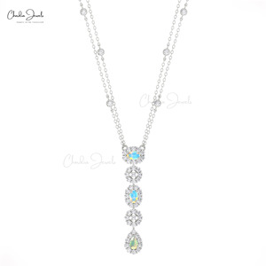Natural 1.16 Ct Round Cut Diamond Lariat <b>Necklace</b> with Ethiopian <b>Opal</b> Station Drop <b>Necklace</b> 14k Solid Gold Hallmarked <b>Necklace</b> - Product Image 3