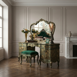 Ensemble <span class=keywords><strong>de</strong></span> coiffeuse <span class=keywords><strong>de</strong></span> luxe en bois massif <span class=keywords><strong>de</strong></span> style baroque français pour suite présidentielle <span class=keywords><strong>de</strong></span> complexe hôtelier, avec finition en feuille d'or personnalisée, mobilier d'équipement hôtelier (FF&E) OEM - Product Image 6