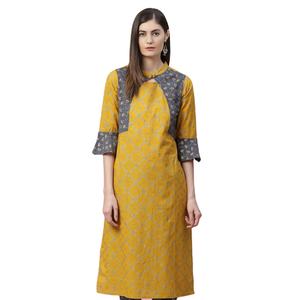ชุดคุर्ตาผ้าฝ้ายพิมพ์ลายเรขาคณิตทรงตรงพร้อมกางเกงขายส่ง สีเหลือง เสื้อผ้าสตรีลำลองสไตล์ชาติพันธุ์สำหรับฤดูร้อน แห้งเร็ว ป้องกันแสงแดด - Product Image 1