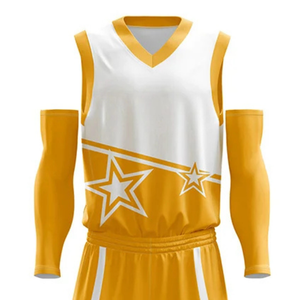Ensemble d'uniformes de basketball personnalisés pour hommes, blanc et or, maillot sans manches col en V, short imprimé étoiles, taille élastique, vente en gros, vêtements de sport pour équipes - Product Image 3