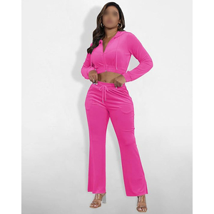 <b>Pink</b> Velvet Cropped Hoodie And Jogger Pants <b>Set</b> Full Zip Long Sleeve Loose Fit Casual Two Piece <b>Tracksuit</b> - Product Image 2