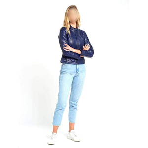 Women's Genuine Leather Moto Jacket Stand Collar Full Sleeve <b>Zipper</b> Closure Blue Solid Color Autumn Wear - Product Image 3