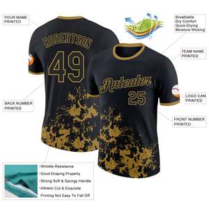 เสื้อเบสบอลแบบกำหนดเองสำหรับผู้ชาย สีดำทอง พิมพ์ลายชื่อทีมและหมายเลข ระบายอากาศได้ดี ผลิตจากโพลีเอสเตอร์ แขนสั้น คอกลม ชุดกีฬา - Product Image 2