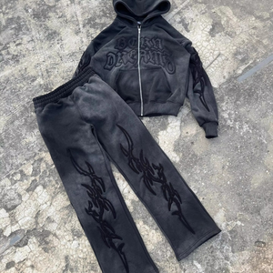 Conjunto Deportivo Unisex de Forro Polar con Capucha y Cremallera, Logotipo en Relieve, Ropa Urbana de Invierno, Pantalones y Sudadera de Color Sólido - Product Image 4