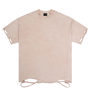 100% Cotton Oversized T-shirt Ripped Hole Distressed Metal <b>Ring</b> Accent Design Neck for Men - Product Image 3