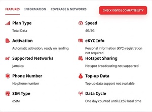 Tarjeta SIM electrónica Jamaica de 1 GB por 7 días, datos de viaje 4G/5G prepagados con internet rápido y activación instantánea por código QR - Product Image 2