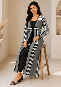 Chaqueta Larga Casual para Mujer, Diseño Premium con Estampado a Rayas, Manga Larga, Cierre con Lazo Frontal, Cómoda de Usar - Product Image 4