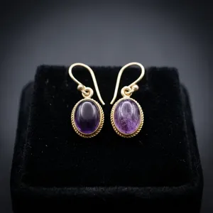 Pendientes de latón con amatista natural, pendientes colgantes hechos a mano con piedras preciosas, joyería al por mayor - Product Image 2