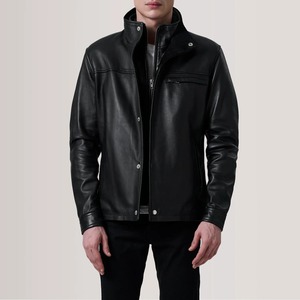 Chaqueta de Cuero Negra para Hombre de Alta Calidad, Cuello Alto, Cierre de Cremallera, Estilo Motero, Corte Regular, para Otoño - Product Image 6