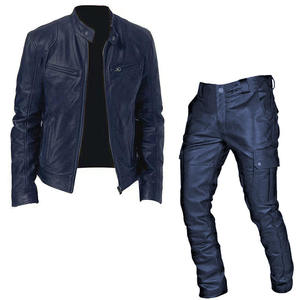 Men's PU <b>Leather</b> Jacket with Zipper Closure and <b>Cargo</b> <b>Pants</b> Set Windproof Eco-Friendly Stand Collar Front Logo Winter Wear - Product Image 3
