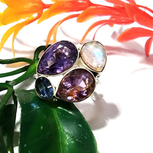 Natural Amethyst Moonstone Blue Kyanite 925 Sterling <b>Silver</b> Multi Gemstone Bohemia Style Third Party Certified <b>Statement</b> <b>Ring</b> - Product Image 1