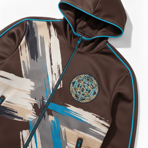 Ensemble de survêtement marron à capuche pour homme avec imprimé abstrait et bordure bleue, tenue décontractée d'automne, pantalon de jogging à manches longues avec fermeture éclair sur le devant et côtés - Product Image 2