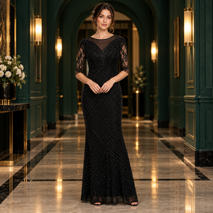 Vestido de noche negro con cuentas |   Vestido de Fiesta con Cuello en V, Manga 3/4, Adorno Diagonal y Espalda en V Profunda para Eventos Formales - Product Image 4