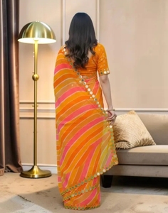 KV Women's <b>Orange</b> Chiffon Mirror Work Traditional Quick Dry Autumn <b>Saree</b> with Unstitched Blouse - Product Image 3