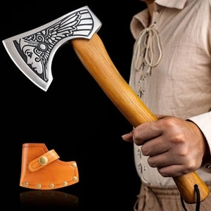 Couteau à pizza en forme d'axe avec manche en bois de rose, lame en acier, fourreau en cuir fait main pour une utilisation en cas de survie - Product Image 4