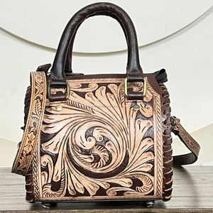 Ensemble de 2 sacs à main en cuir véritable entièrement travaillés à la main, design floral vintage, fermeture éclair, sac bandoulière et sac Speedy pour femme - Product Image 5