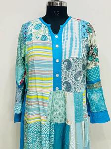 เดรสยาวผ้าฝ้ายทำมือสไตล์วินเทจจากอินเดีย ตกแต่งด้วยผ้าปะติดปะต่อ 100% แขนทรงร่ม สไตล์โบฮีเมียน สำหรับผู้หญิง ใส่สบายๆ ในฤดูใบไม้ร่วงและฤดูร้อน - Product Image 6