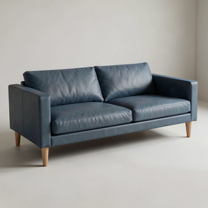 Sofá de Cuero Genuino de Alta Calidad, Estilo Moderno de Mediados de Siglo, Tapicería de Piel de Vaca Azul, Patas de Madera, para Sala de Estar, Muebles de Cafetería - Product Image 1