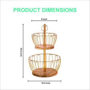 2-Tier Eco-Friendly Vintage Gold Wire Fruit Basket with Wooden Base Metal Countertop Holder & <b>Vegetable</b> Storage <b>Stand</b> - Product Image 4
