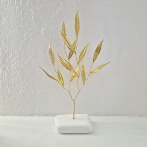 Decorative <b>Gold</b> Leaf <b>Sculpture</b> With White Marble Base Perfect For Modern Interior Decor And Tabletop Display From India - Product Image 1
