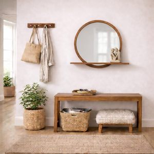 Modern <b>Round</b> Wooden Wall <b>Mirror</b> with Floating Shelf Decorative Living Room <b>Bathroom</b> Vanity <b>Mirror</b> - Product Image 3