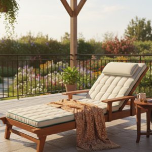 Luxury Teak Wood <b>Outdoor</b> Sun Lounger with Neutral Cushion and <b>Reclining</b> Backrest - Product Image 1