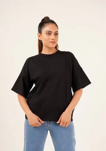 เสื้อยืดคอกลมสีดำแขนสั้นสำหรับผู้หญิงทรงหลวมลำลองสีทึบผ้าฝ้าย 100% ถักทอความยาวปกติทุกฤดูกาล - Product Image 2