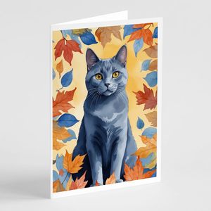 Chartreux Cat in Fall Leaves Paquete de 8 Whimsical A7 Tamaño 5x7 Tarjetas de felicitación en blanco con sobres para notas y mensajes - Product Image 1