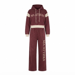 Custom Women Acid Wash Burgundy Color Block <b>Cropped</b> Hoodie Wide Leg <b>Jogger</b> Set Cotton Fleece Tracksuit OEM Wholesale - Product Image 3