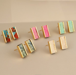 Geometric Labradorite Inlay <b>Stud</b> <b>Earrings</b>, Handmade Wholesale Gold-Plated Jewelry for Women - Product Image 6