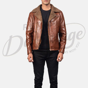 Veste en cuir véritable marron pour homme avec col en fourrure Sherpa, veste de motard slim fit chaude pour l'hiver, manteau en cuir décontracté - Product Image 3