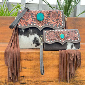 2025 Hot Sale 2 Piece bag Set Vintage Design Hand Tooled Cowhide Leather <b>Handbag</b> & Hand Tooled Cowhide Leather Clutch for Women - Product Image 4