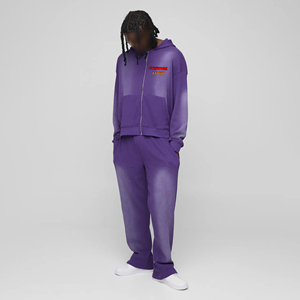 Ensemble de survêtement en coton épais personnalisé pour homme, avec sweat à capuche zippé effet délavé et pantalon de survêtement ample, style streetwear, 2 pièces, OEM - Product Image 1