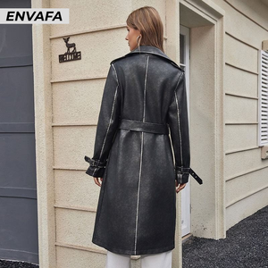 Gabardina Larga de Cuero Sintético para Mujer, Estilo Clásico con Doble Botonadura, Cuello Vuelto, Manga Larga, Resistente al Viento, para Otoño - Product Image 2