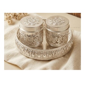 Ensemble de 2 pots de rangement en verre argenté allemand avec motif floral, récipients décoratifs en verre et aluminium avec couvercles métalliques pour produits secs - Product Image 1