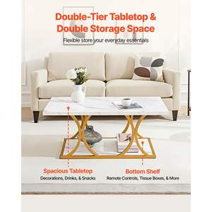 Mesa de Centro Moderna de 2 Niveles, Blanca, Imitación Mármol, Marco Metálico Minimalista, Patas Geométricas, Fácil de Ensamblar, Mesa Auxiliar para Sala de Estar - Product Image 4