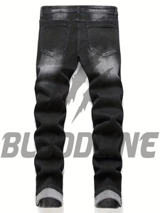 Jean en denim noir pour homme, coupe slim, jambe droite, taille haute, décontracté, en coton mi-lourd, couleur unie, style automne - Product Image 2